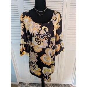 NY Collection Top Women's XL Groovy 1960s Look Yellow Black Sexy Satiny Blouse
